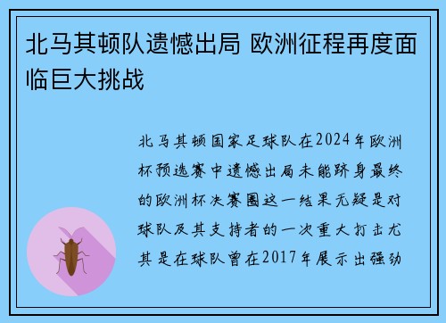 北马其顿队遗憾出局 欧洲征程再度面临巨大挑战