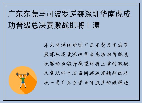 广东东莞马可波罗逆袭深圳华南虎成功晋级总决赛激战即将上演