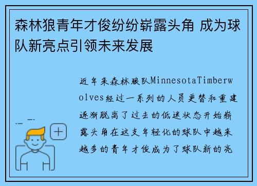 森林狼青年才俊纷纷崭露头角 成为球队新亮点引领未来发展