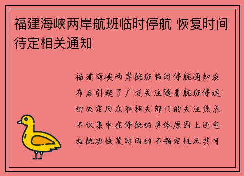 福建海峡两岸航班临时停航 恢复时间待定相关通知