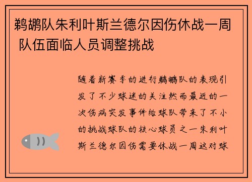 鹈鹕队朱利叶斯兰德尔因伤休战一周 队伍面临人员调整挑战