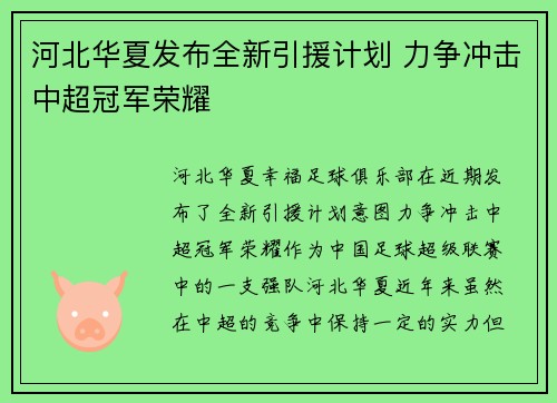 河北华夏发布全新引援计划 力争冲击中超冠军荣耀