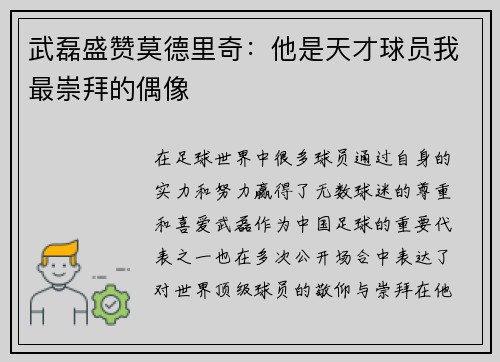 武磊盛赞莫德里奇：他是天才球员我最崇拜的偶像