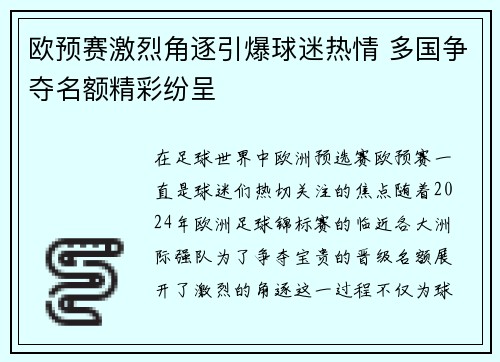 欧预赛激烈角逐引爆球迷热情 多国争夺名额精彩纷呈